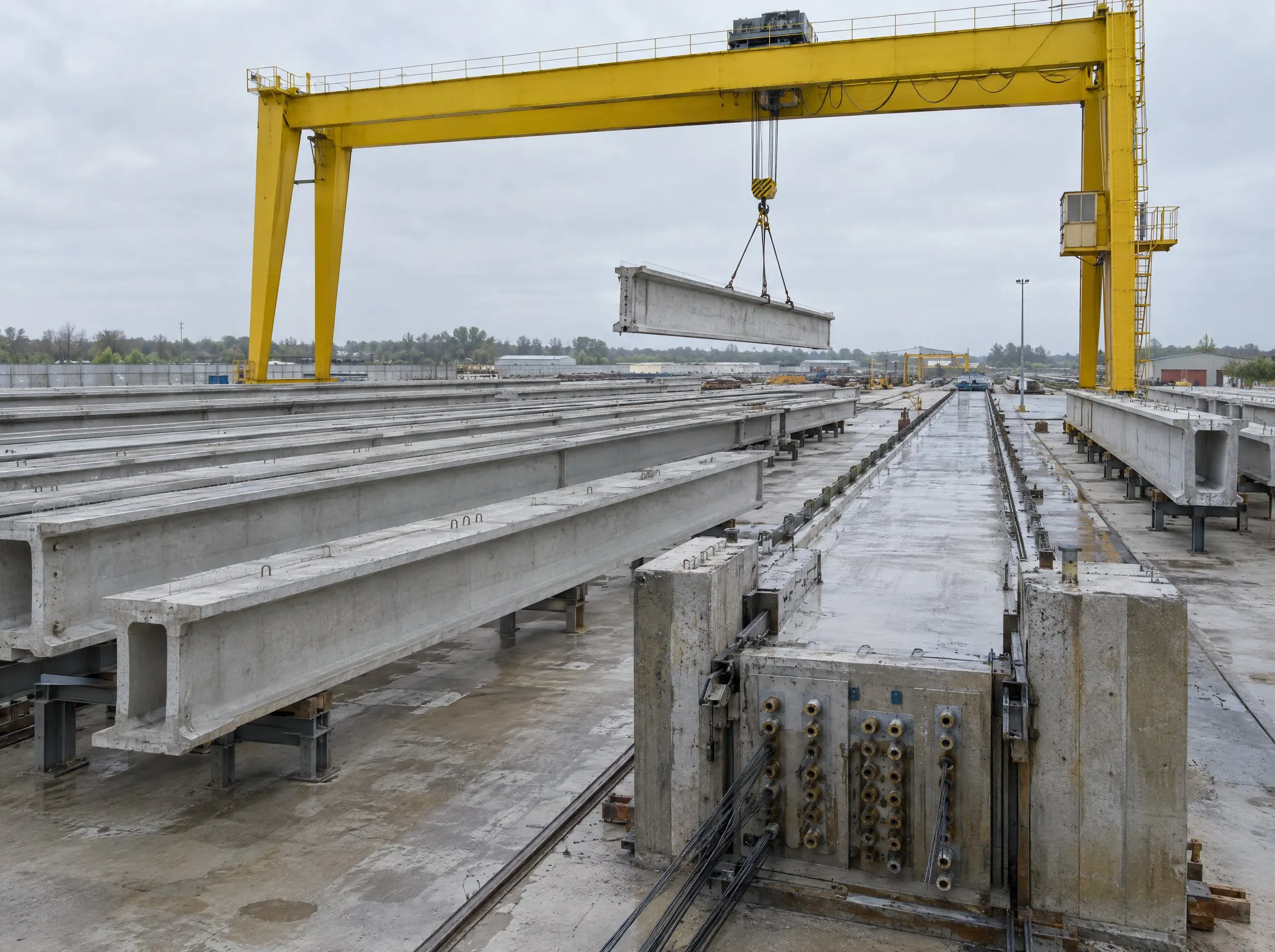 Precast Yards: Pre-tensioned I and U girders, sleepers and segments cast on long-line beds.