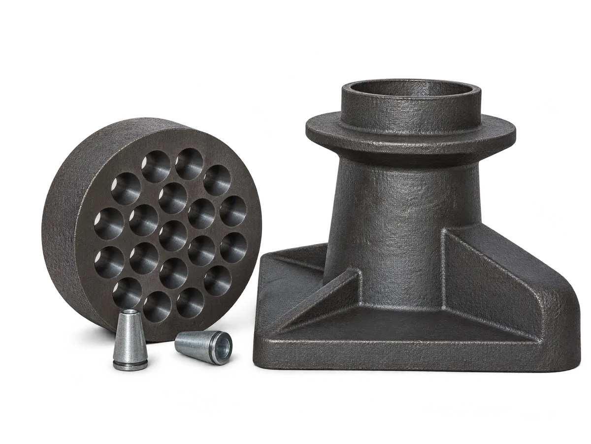 TYROS AT anchorage components: a drilled anchor head, cast anchor cone with bearing flange, and two wedges